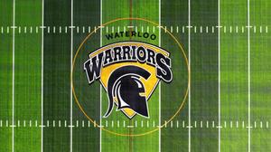 Warriors Field drone shot of the Waterloo Warriors logo on the field